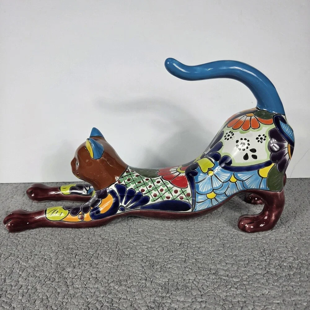 Talavera Cat Figurine Mexican Pottery Art Hand Painted 16.5 x 5 X 9.5 In